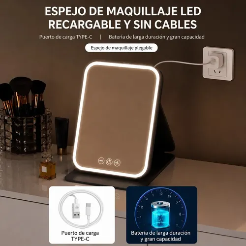 Espejo De Maquillaje LED Plegable Recargable USB Con Luz Táctil 3 Tonos De Luz Brillo Regulable Espejo HD Portátil Para Tocador Viajes Skincare
