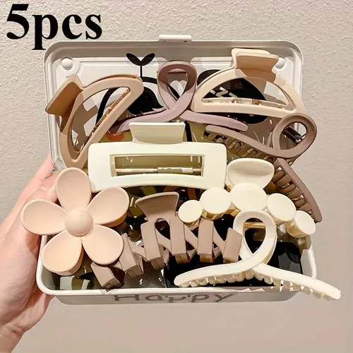 Set 5 Hebillas Garra Grandes Colores Neutros Mujer White Coffee Five Piece Set
