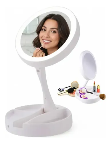 Espejo De Maquillaje Redondo Plegable Usb Pila Luz Led Zoom