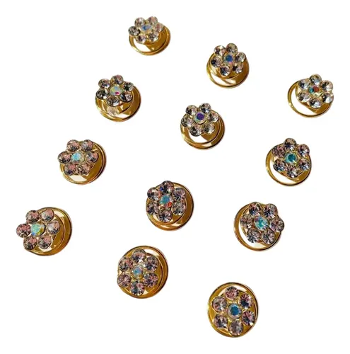 Set 12 Horquillas Flores Strass Transparentes Metal Dorado