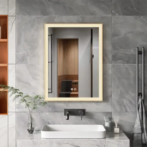 Espejo LED Rectangular MirrorOn Lifewall con Luz Regulable y Antiempañante para Baño Nilo Dorado de 80 x 60 cm