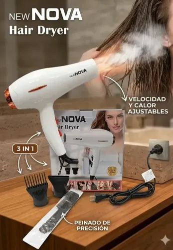 Secador De Pelo New Nova Frio Calor Difusor Y Boquilla 2 Vel
