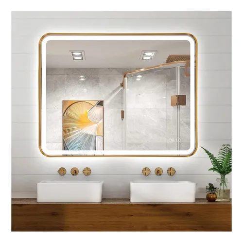 Espejo LED Rectangular Niccy para Baño con Antivaho y Marco Dorado
