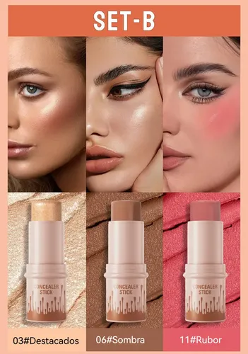 Set Maquillaje Facial 3 En 1 Contorno Iluminador Rubor Barra