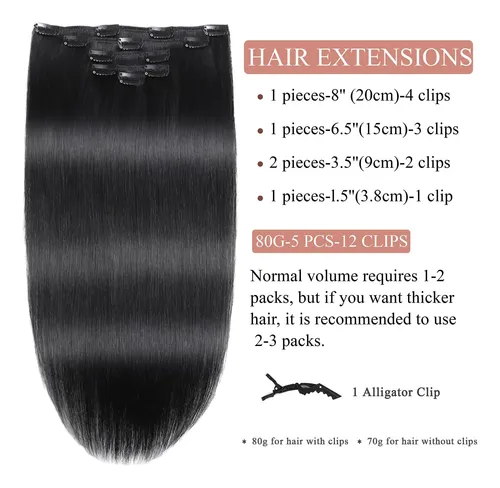 Extensiones Cabello Humano Clip In Lacio Negro 56cm 80g