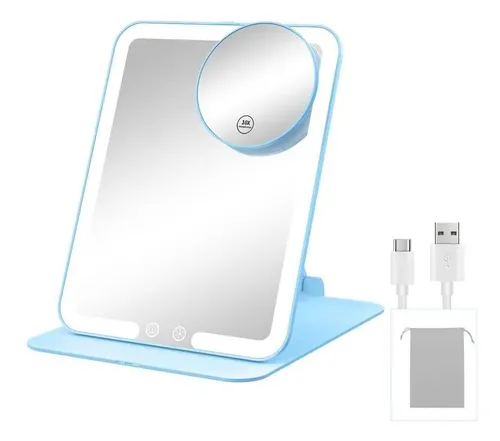 Espejo De Maquillaje Gospire Led Con Luz 10x Plegable Azul