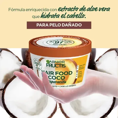 Garnier Fructis Hair Food Mascarilla Capilar Tratamiento 3 en 1 Reparador para Cabello Dañado y Seco, con Coco, Fórmula Vegana de 98% Origen Natural, Sin Siliconas, 350 ml