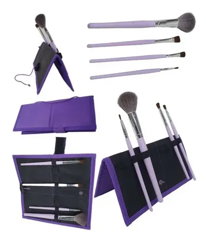 Set X4 Maquillaje Pincel Pelo Natural Cabra +estuche Make Up Color Violeta