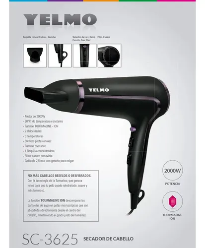 Secador De Pelo Yelmo Sc-3625 De 2000w Tourmaline Ion Color Negro