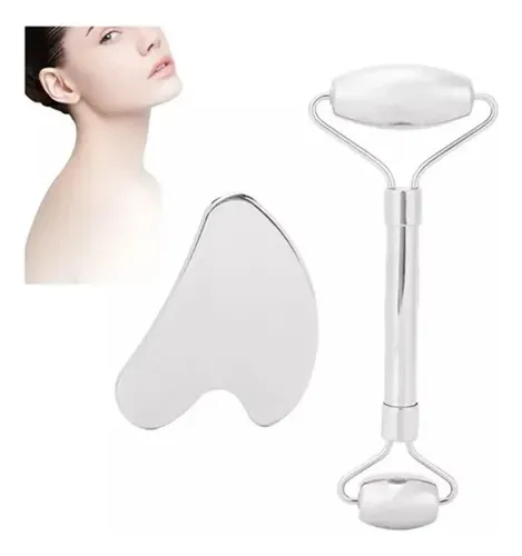 F 2x Rodillo Facial De Acero Inoxidable Gua Sha Tool Face