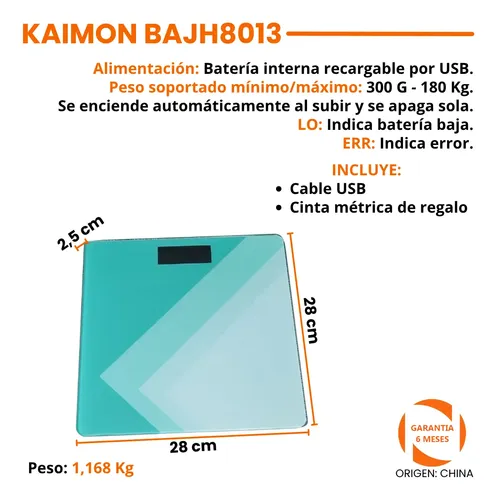 Balanza Digital Personal 180kg Recargable Usb Baño Kaimon