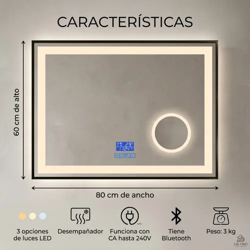Espejo Moderno Bluetooth Luz Led Desempañador Display 60×80