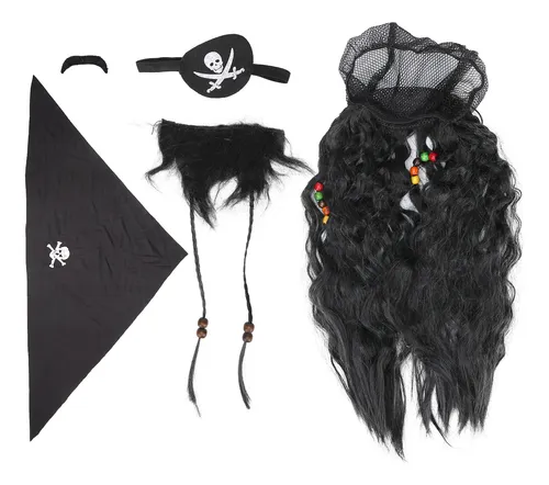 Set De Peluca Con Barba Falsa Y Bigote De Pirata Negro