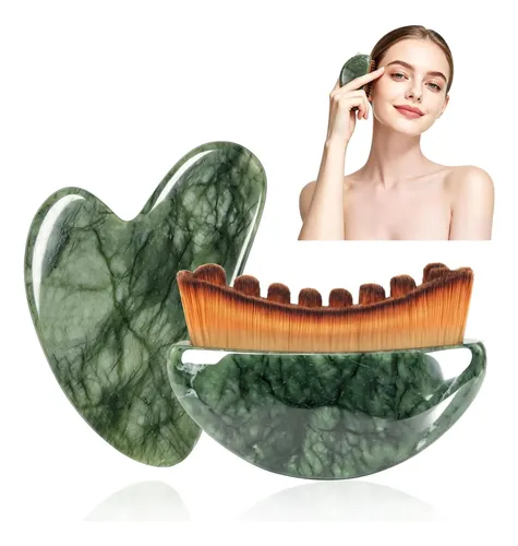 2-in-1 Jade Gua Sha & Contour Brush, Lymphatic Drainage Set