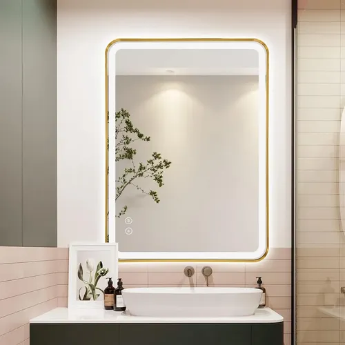 Espejo LED Rectangular Niccy para Baño con Antivaho y Marco Dorado