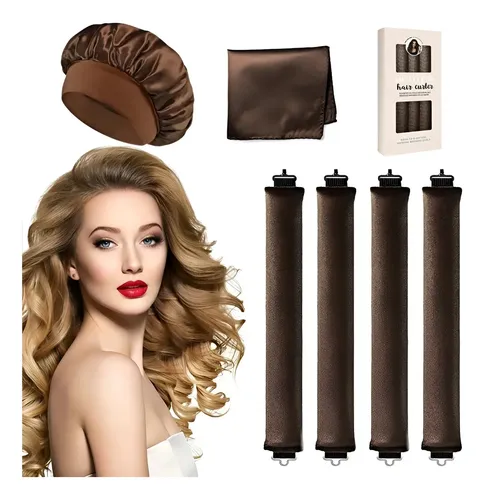 6pzs Curly Ondas En Cabello Rizos Sin Calor Tubo+gorro Satin