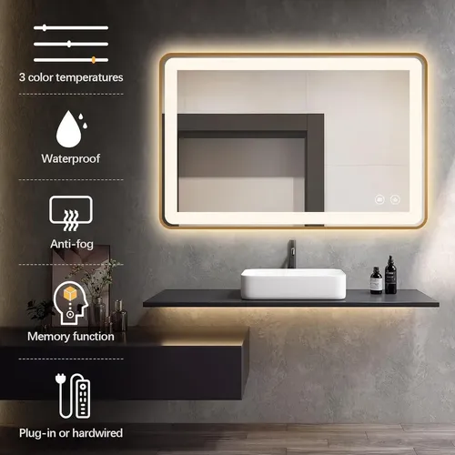 Espejo LED Rectangular Niccy para Baño con Antivaho y Marco Dorado