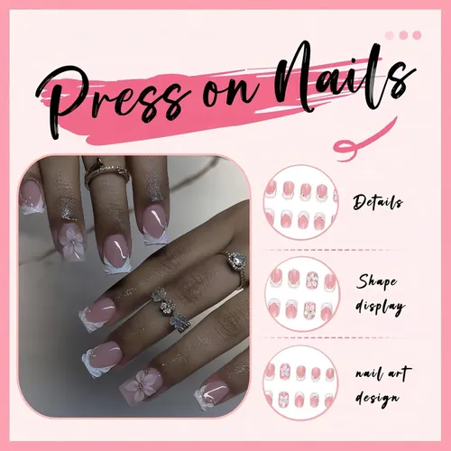 Uñas Postizas Acrílicas Con Flores 3d Y French Tip Blanco