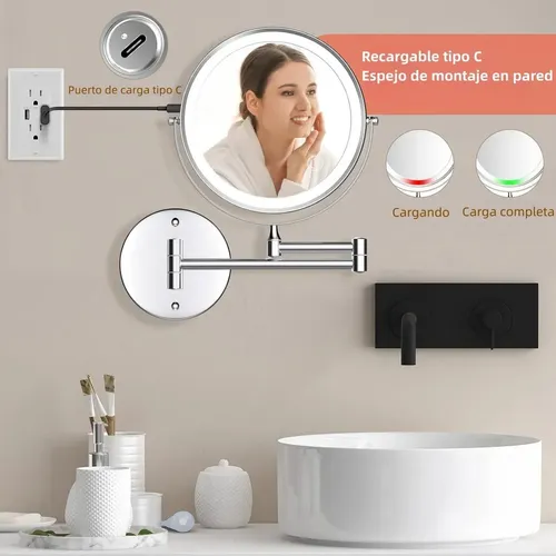Espejo De Vanidad 8in C/luz Led Retráctil 2 Cara Aumento 10x