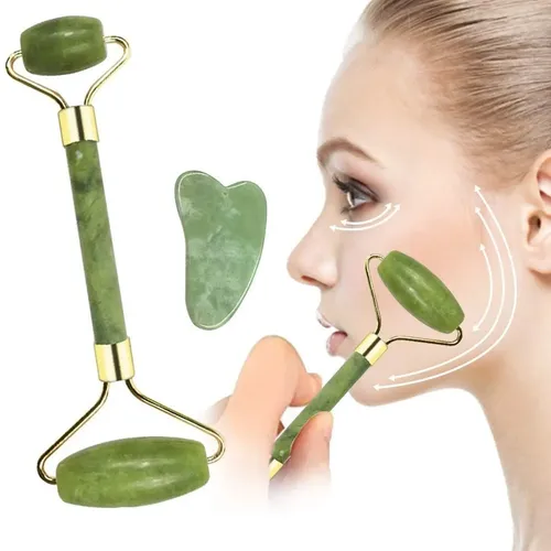 Kit Masajeador Facial Jade Rodillo +piedra Guasha-natural Color Verde