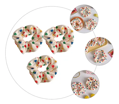 3 Elegantes Anillos Para El Pelo, Delicados Soportes Elástic Cream With Multicolor Hearts Estampada De Corazones