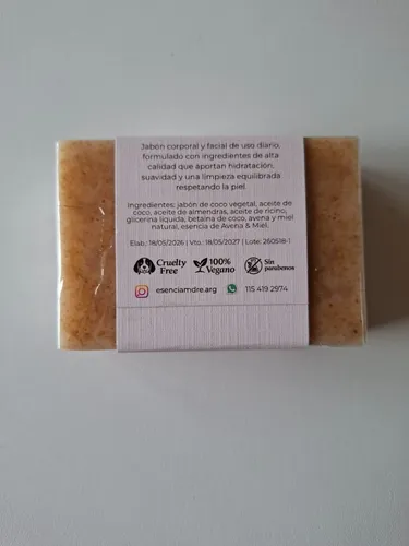 Jabón Artesanal Premium Avena Y Miel Base Vegetal 100g