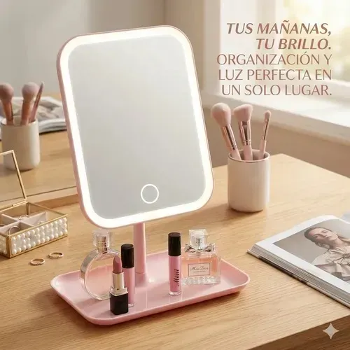 Espejo Maquillaje Luz Led 3 Modos Recargable Touch Giratorio