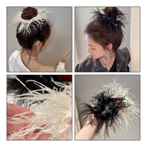 2 Diademas De Mujer Con Scrunchies Para Coleta, Plumas, Elás