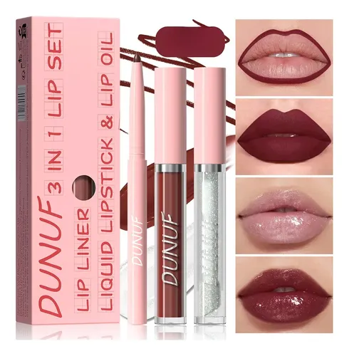Set Labial 3 En 1 Dunuf Delineador Líquido Y Brillo
