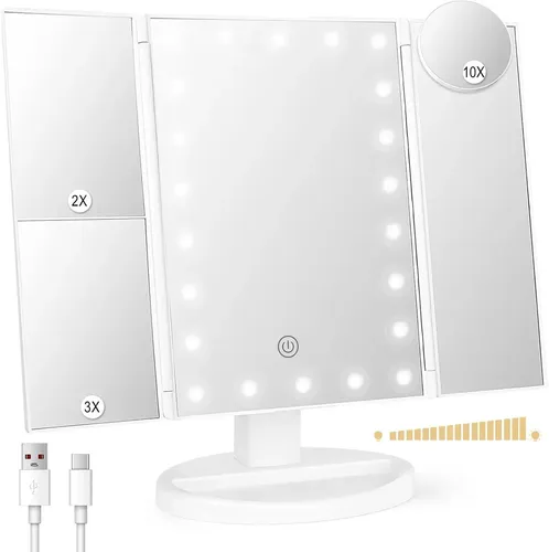 Espejo De Maquillaje Con Pantalla Tactil Luz Led Regulable Giratorio 180 Grados Con Aumento Iluminacion Ajustable Ideal Para Maquillarse Color Blanco Levys Bazar