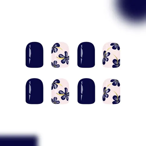 Uñas Gel X Estilo Corto Cuadrado Navy Blue Con Flores