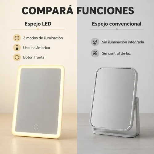 Espejo De Maquillaje Pequeño Portatil Con Luz Led Recargable