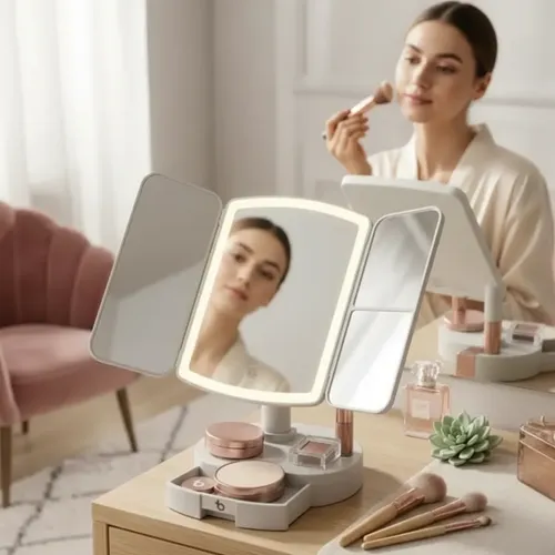 Espejo Cuadrado Con Luz Led Touch Con Base Organizadora