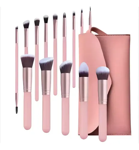 Set De Brochas De Maquillaje Profesional X14 + Estuche Rosa