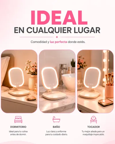 Espejo Luz Led Tactil Recargable Cuadrado Maquillaje Usb