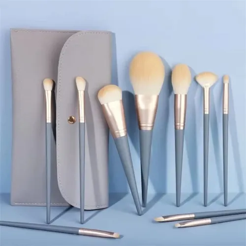 Set 10 Pinceles De Maquillaje Con Estuche Portátil Azul