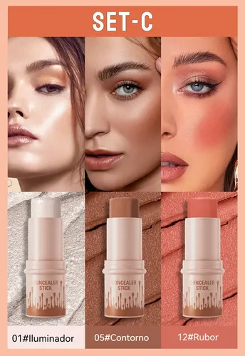 Set Maquillaje Facial 3 En 1 Contorno Iluminador Rubor Barra