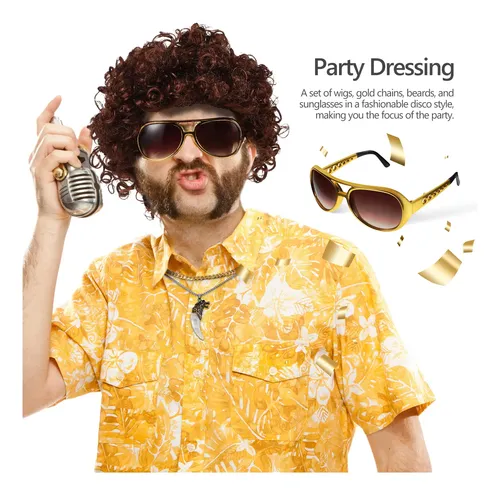 Kit Disco Party: Peluca, Bigote, Collar, Gafas De Sol