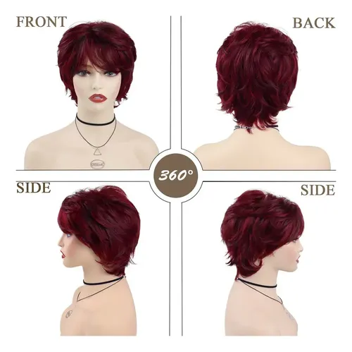Pelucas Cortas Mujer De Pelo Rojo Sintético Con Flequillo