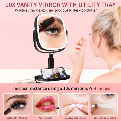 Espejo De Maquillaje Vanmirr 8.5” Con Luz Y Aumento Negro