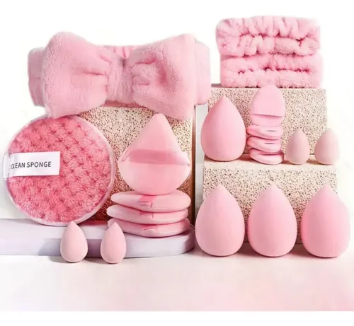Kit 20 Esponjas Maquillaje Con Diadema Y Muñequeras Rosa