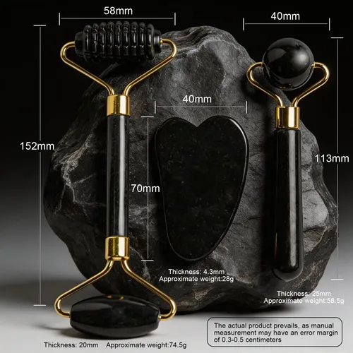 Set Masajeador Facial Zaweo 3 Piezas Piedra Natural Negro