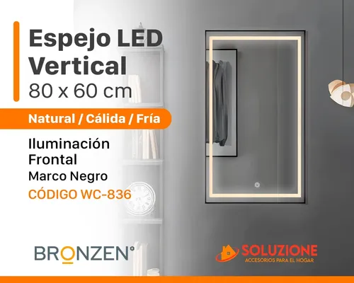 Espejo Premium Vertical Rectangular Luz Led Frontal 80×60