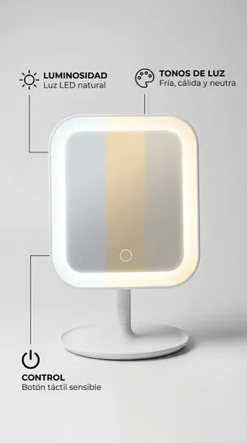 Espejo Mtl De Mesa Rectangular Con Luz Led Portátil Diseño Moderno Minimalista Blanco Maquillaje Profesional Cuidado Personal Tocador Dormitorio Baño Iluminación Natural Precisa Elegante Compacto