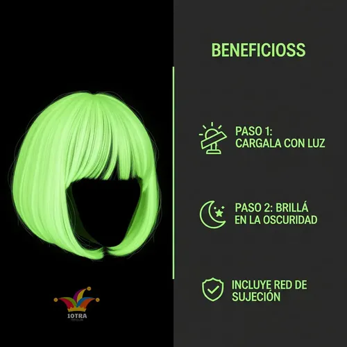 Peluca Corta Carré Glow Brilla En Oscuridad Cotillon Look