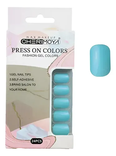 Press On Nails Oval Cortas Kit Uñas Postizas Con Adhesivo Color Turquesa