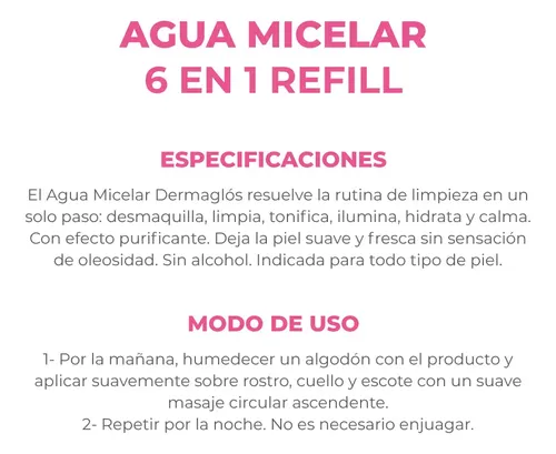 Dermaglos Refill Agua Micelar 6 En 1 Desmaquillante X200 Ml