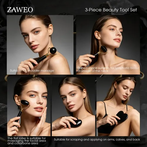 Set Masajeador Facial Zaweo 3 Piezas Piedra Natural Negro