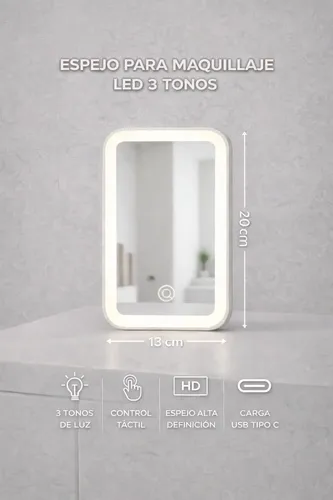 Espejo Con Luz Led Táctil 3 Tonos Ajustable Usb