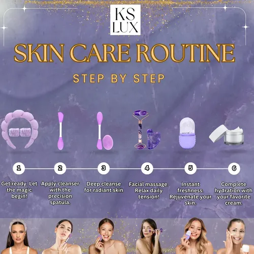Kit Cuidado Facial Ks Lux 7 Piezas Rodillo Gua Sha Morado